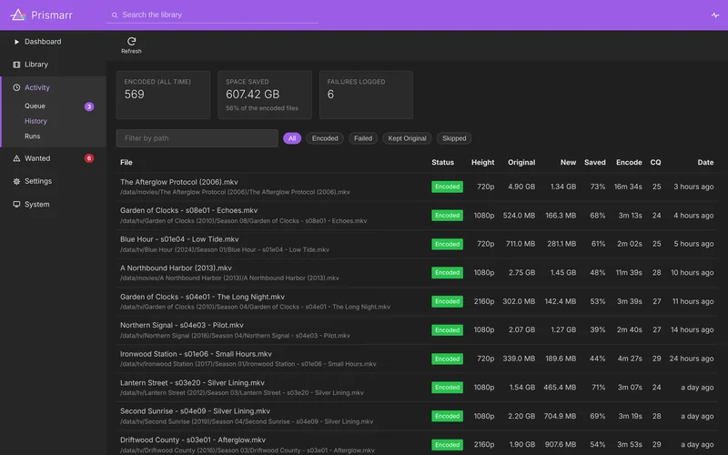 Activity history with totals of 569 files encoded and 607.42 GB saved, and a table of encoded files showing resolution, original and new size, percentage saved, encode time and quality value.