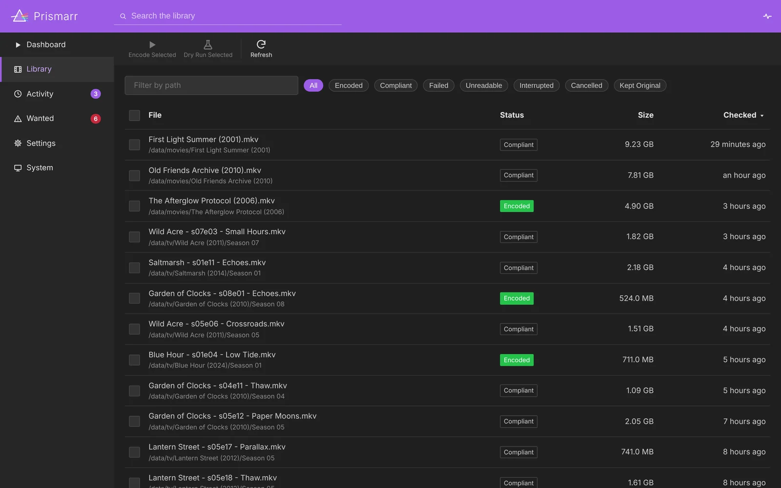 Library page listing tracked movies and episodes with their folder path, a Compliant or Encoded status, file size and when each was last checked, with filter chips for Encoded, Compliant, Failed, Unreadable, Interrupted, Cancelled and Kept Original.