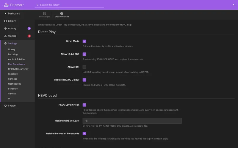 Plex Compliance settings: Direct Play options for strict mode, allowing 10-bit SDR, allowing HDR and requiring BT.709 colour, and the HEVC level check with a maximum level of 5.1 and relabelling instead of re-encoding.