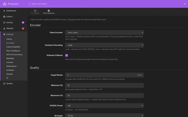 Encoding settings with the video encoder set to hevc_nvenc, CUDA hardware decoding, software fallback switched on, and quality options for target bitrate, minimum and maximum CQ, NVENC preset and bit depth.