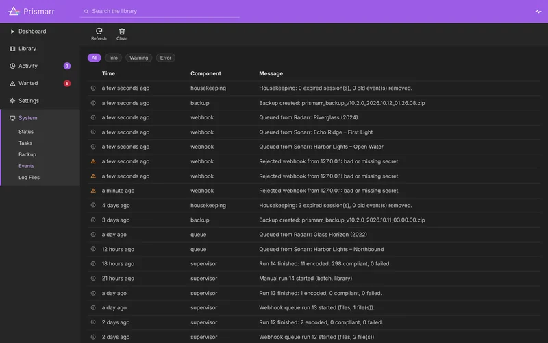 System events log with level filters, listing backups being created, files queued from Sonarr and Radarr, webhooks rejected for a bad secret, and library runs starting and finishing.