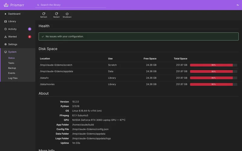 System status: a health check reporting no issues with the configuration, free space on the scratch, data and library drives, and an About panel with the version, Python, FFmpeg and GPU details.